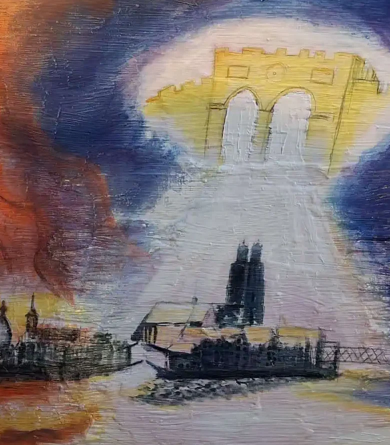 Geschilderd doek met het silhouet van de Grote Kerk van Dordrecht en een stadspoort badend in licht, met vurige oranje en donkerblauwe luchten.